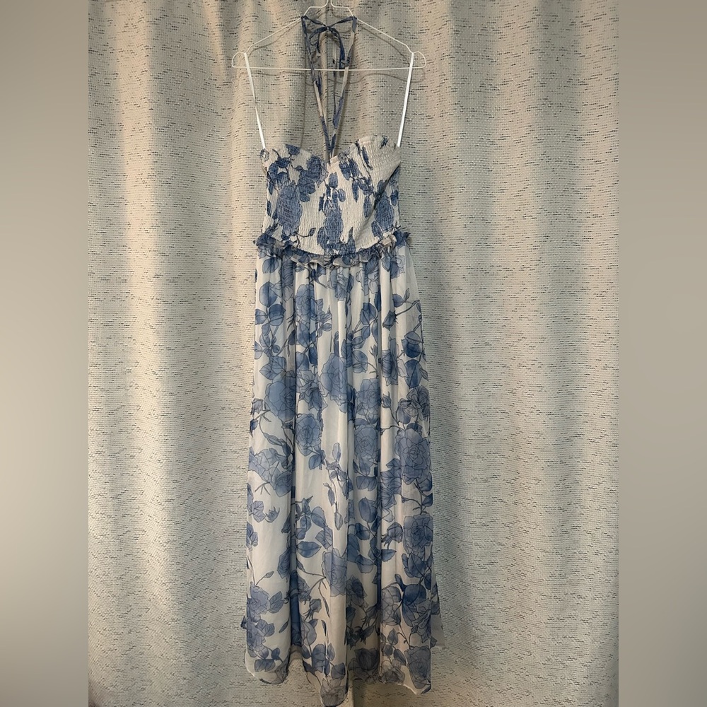 Pink blush Blue Floral Halter Neck Tie Maternity Maxi Dress